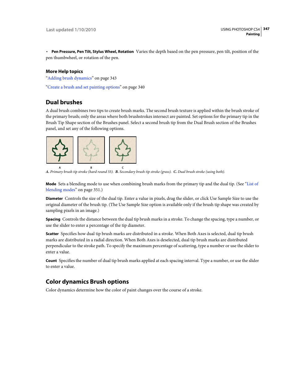 Dual brushes, Color dynamics brush options | Adobe Photoshop CS4 User Manual | Page 354 / 707