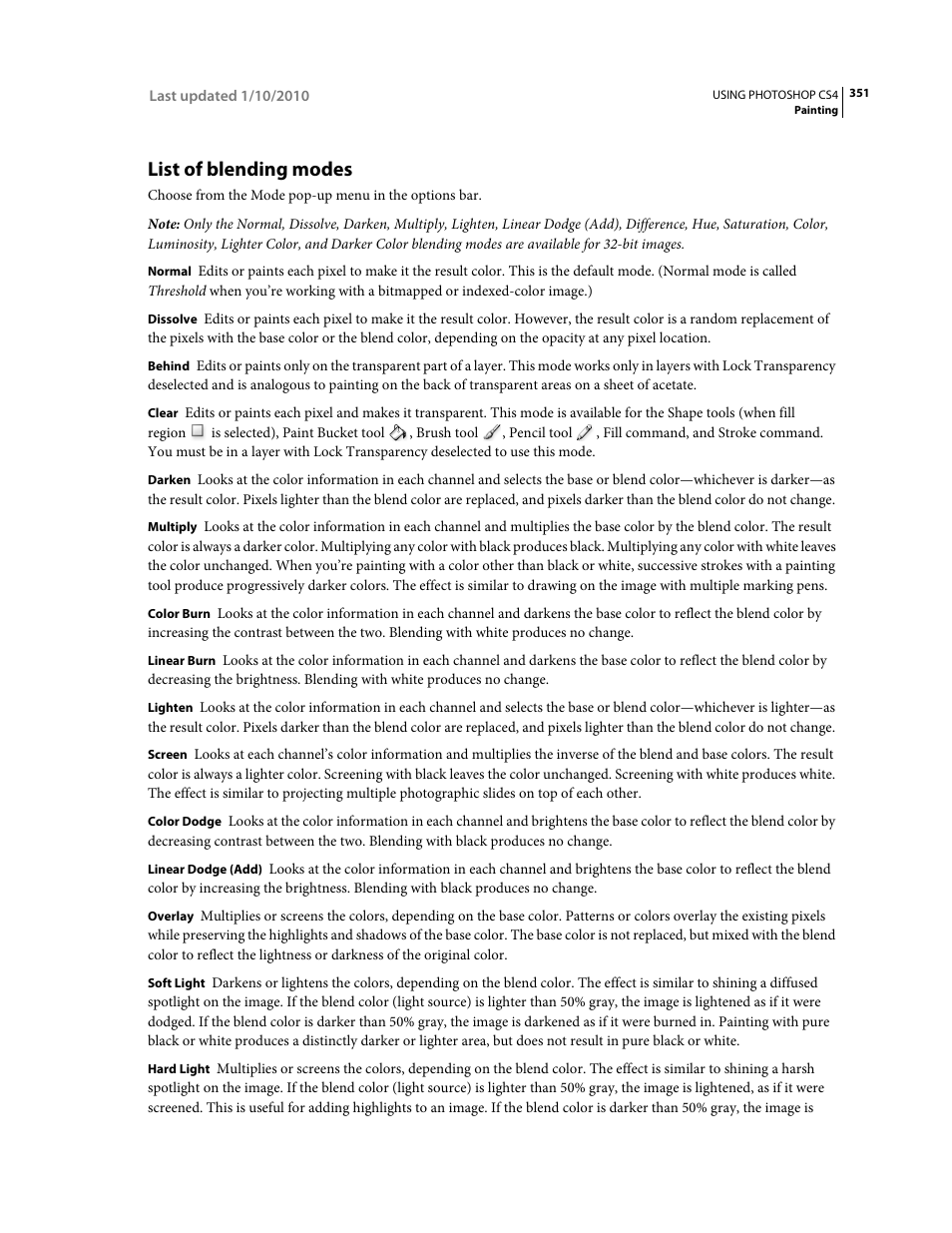 List of blending modes, List of, Blending modes | Adobe Photoshop CS4 User Manual | Page 358 / 707