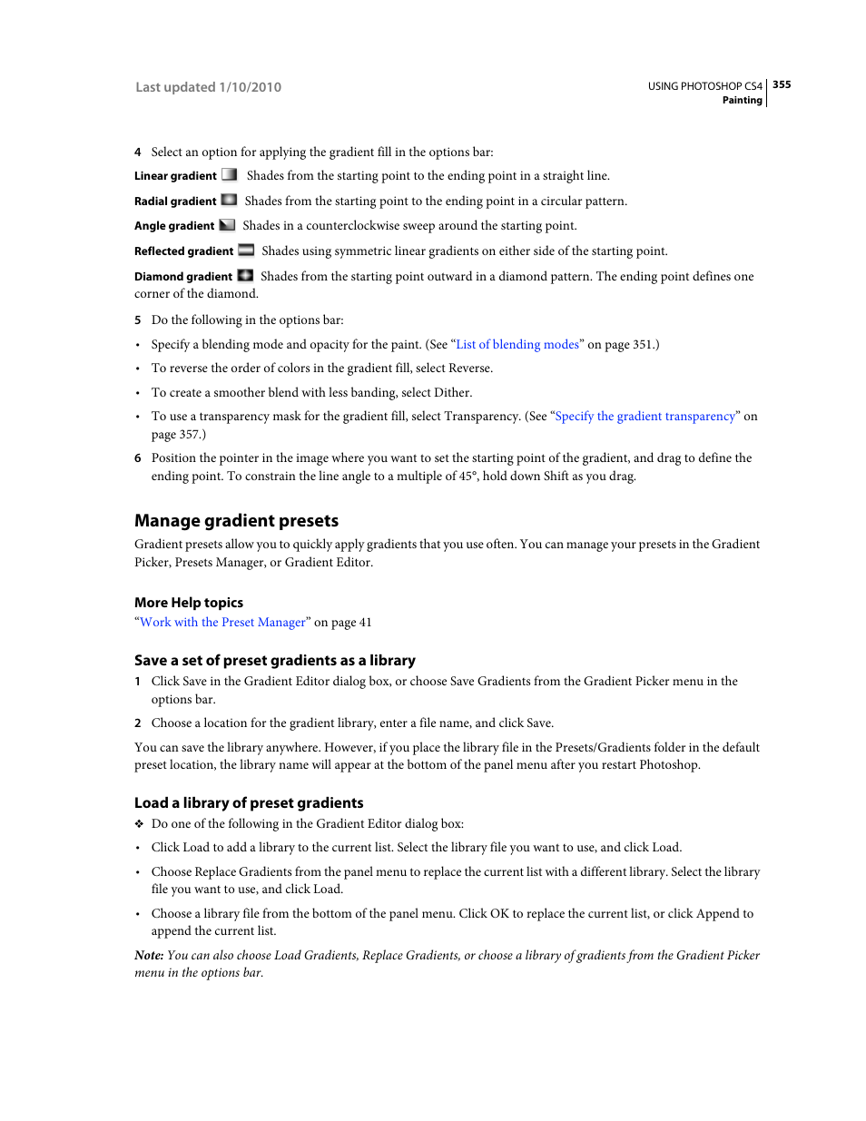 Manage gradient presets, Save a set of preset gradients as a library, Load a library of preset gradients | Adobe Photoshop CS4 User Manual | Page 362 / 707