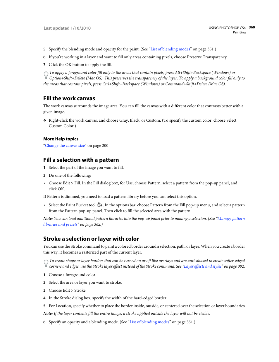 Fill the work canvas, Fill a selection with a pattern, Stroke a selection or layer with color | Adobe Photoshop CS4 User Manual | Page 367 / 707