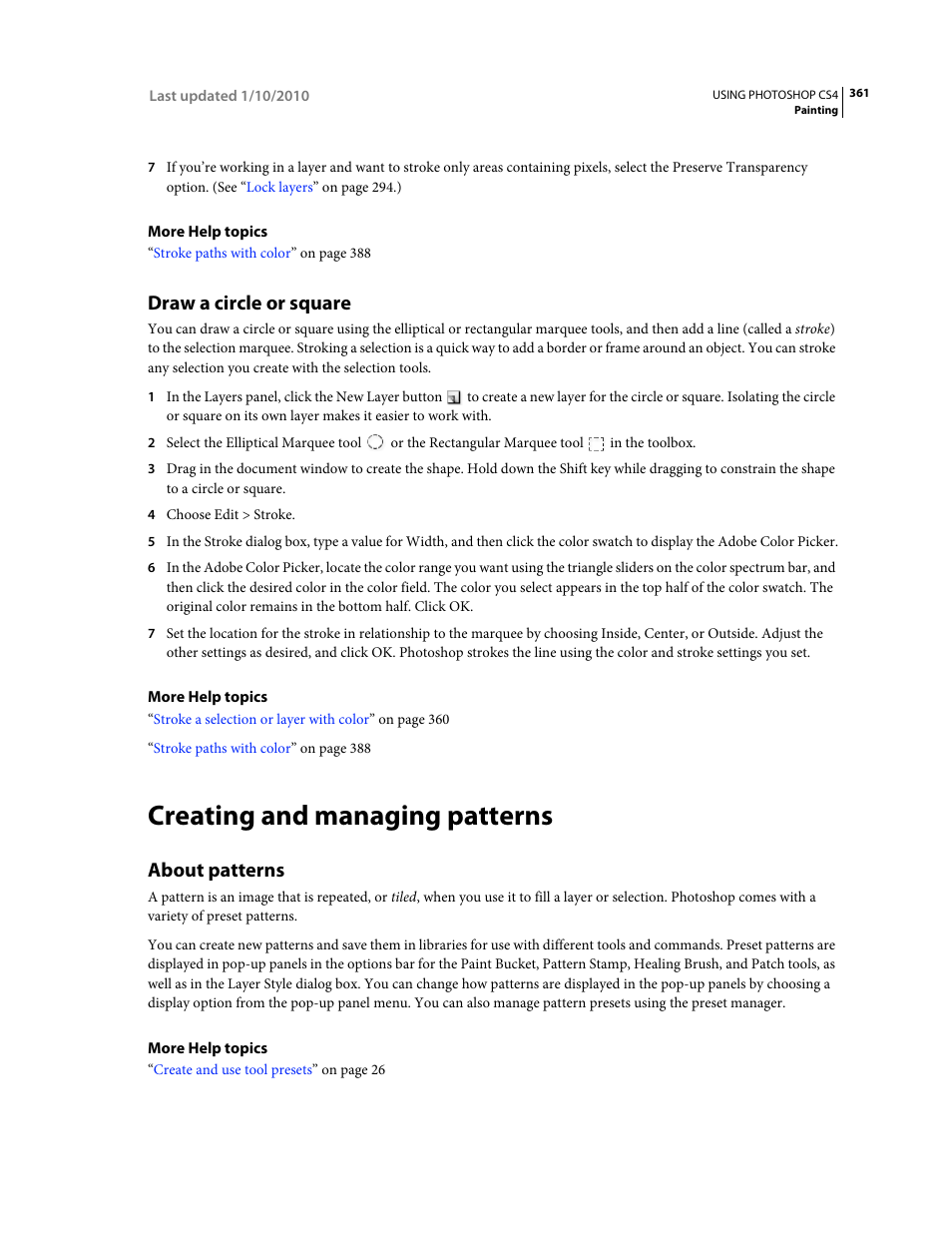 Draw a circle or square, Creating and managing patterns, About patterns | Adobe Photoshop CS4 User Manual | Page 368 / 707