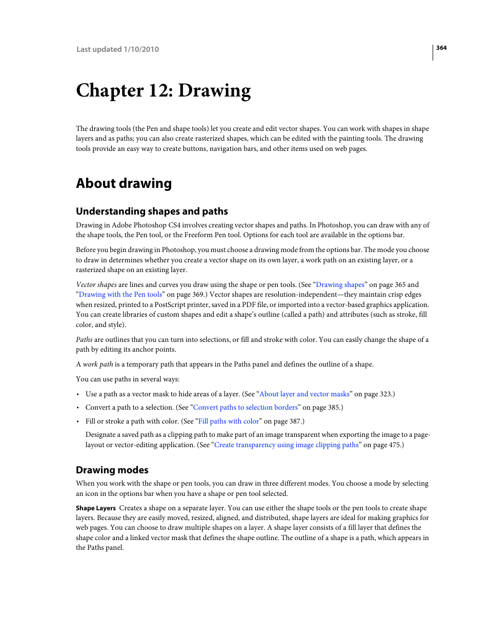 Chapter 12: drawing, About drawing, Understanding shapes and paths | Drawing modes, Drawing | Adobe Photoshop CS4 User Manual | Page 371 / 707