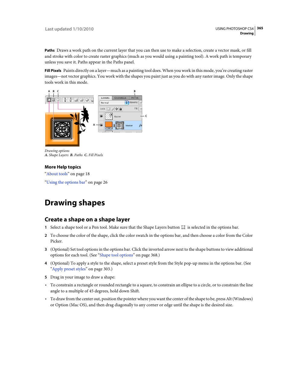 Drawing shapes, Create a shape on a shape layer | Adobe Photoshop CS4 User Manual | Page 372 / 707