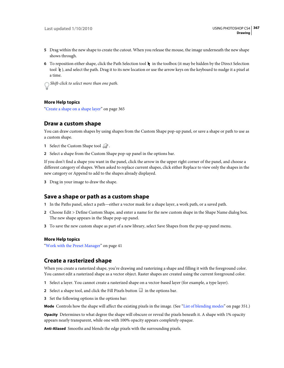 Draw a custom shape, Save a shape or path as a custom shape, Create a rasterized shape | Adobe Photoshop CS4 User Manual | Page 374 / 707