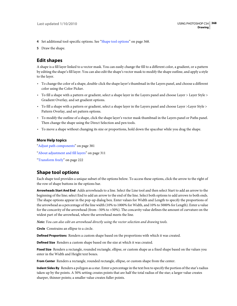 Edit shapes, Shape tool options, Options for each tool. (see | Adobe Photoshop CS4 User Manual | Page 375 / 707