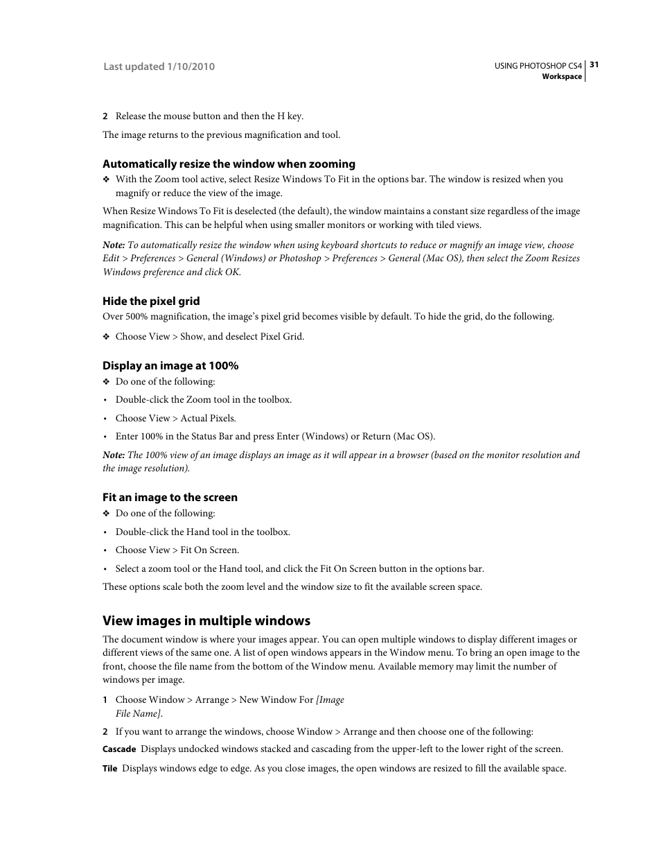 Automatically resize the window when zooming, Hide the pixel grid, Display an image at 100 | Fit an image to the screen, View images in multiple windows | Adobe Photoshop CS4 User Manual | Page 38 / 707