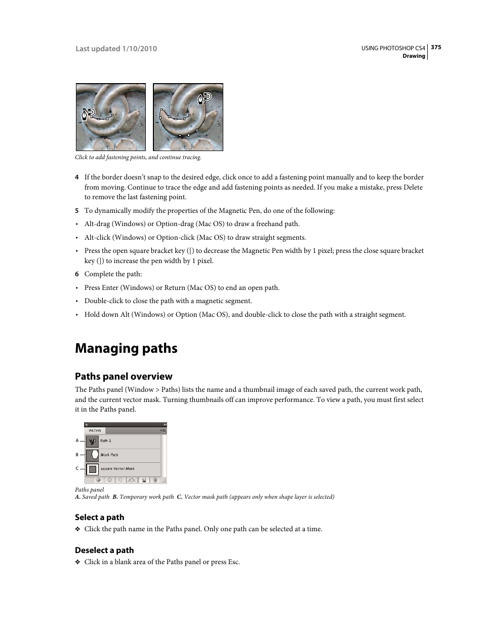 Managing paths, Paths panel overview, Select a path | Deselect a path | Adobe Photoshop CS4 User Manual | Page 382 / 707