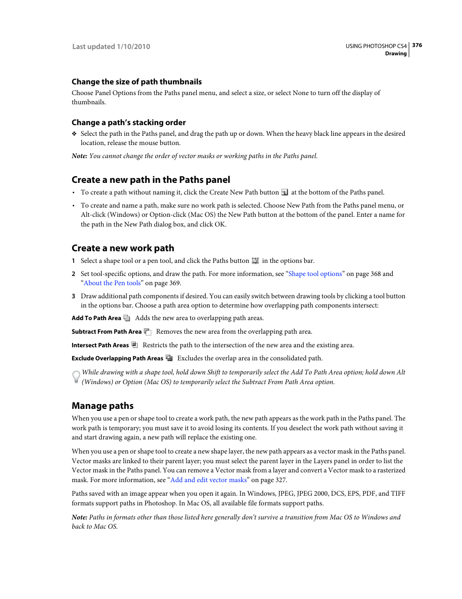 Change the size of path thumbnails, Change a path’s stacking order, Create a new path in the paths panel | Create a new work path, Manage paths | Adobe Photoshop CS4 User Manual | Page 383 / 707