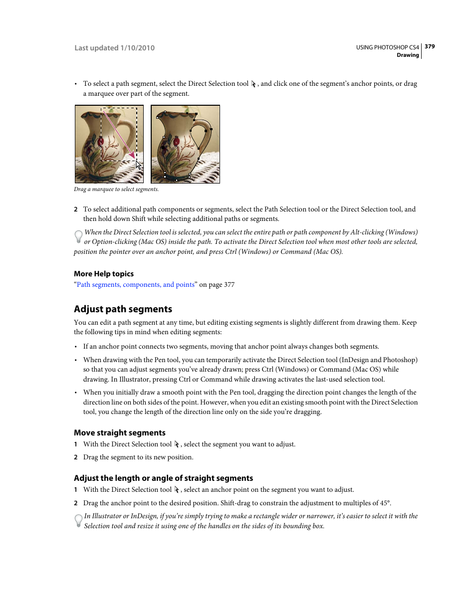 Adjust path segments, Move straight segments, Adjust the length or angle of straight segments | Adobe Photoshop CS4 User Manual | Page 386 / 707