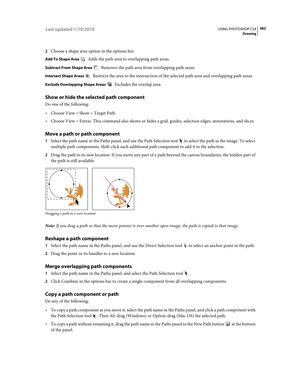 Show or hide the selected path component, Move a path or path component, Reshape a path component | Merge overlapping path components, Copy a path component or path | Adobe Photoshop CS4 User Manual | Page 389 / 707