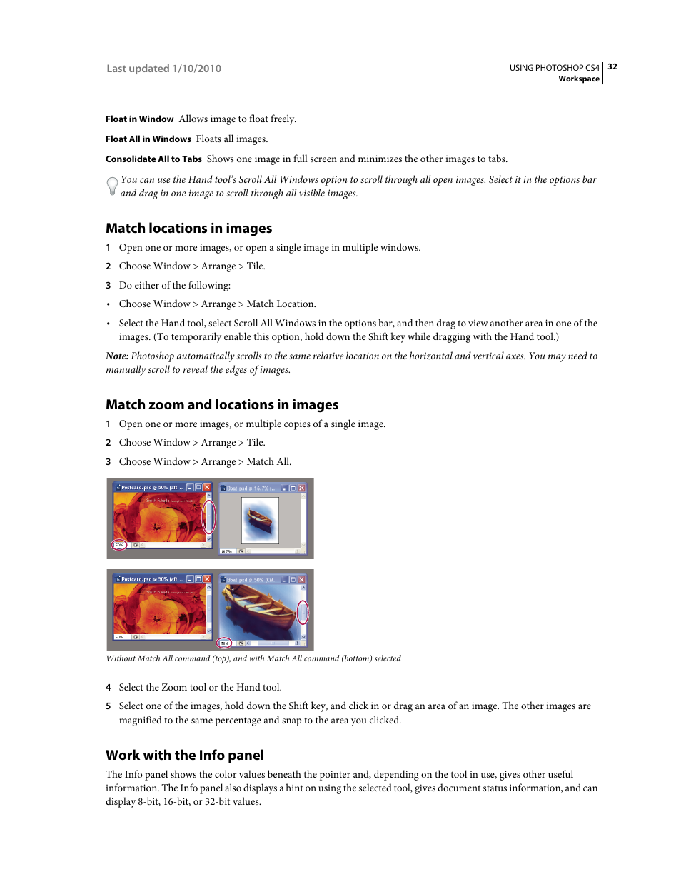 Match locations in images, Match zoom and locations in images, Work with the info panel | Adobe Photoshop CS4 User Manual | Page 39 / 707