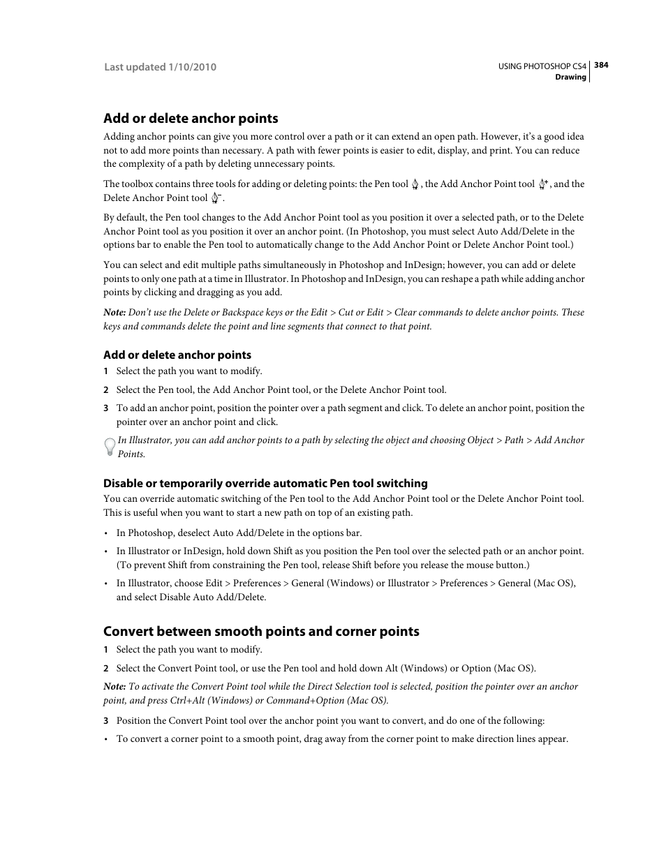 Add or delete anchor points, Convert between smooth points and corner points, Convert between smooth points and corner | Points | Adobe Photoshop CS4 User Manual | Page 391 / 707