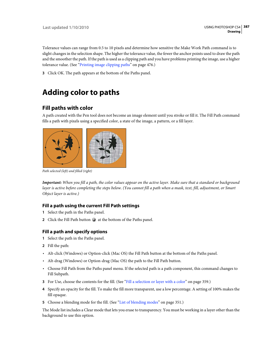 Adding color to paths, Fill paths with color, Fill a path using the current fill path settings | Fill a path and specify options, Fill or stroke a path with color. (see | Adobe Photoshop CS4 User Manual | Page 394 / 707