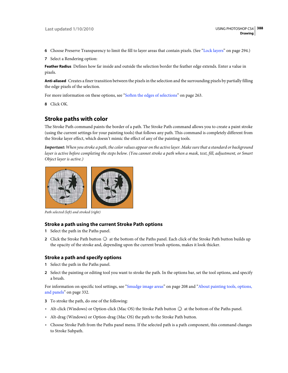 Stroke paths with color, Stroke a path and specify options | Adobe Photoshop CS4 User Manual | Page 395 / 707