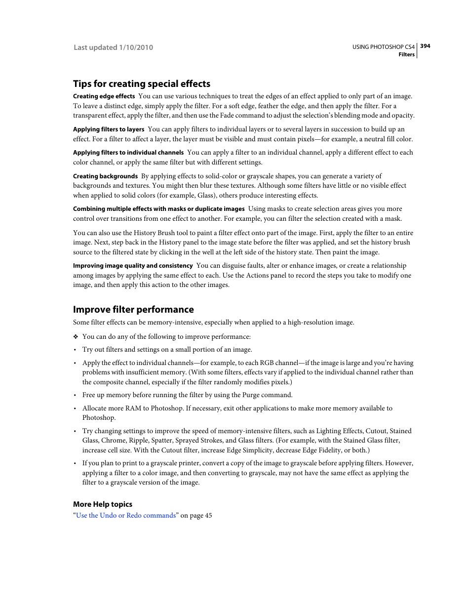 Tips for creating special effects, Improve filter performance | Adobe Photoshop CS4 User Manual | Page 401 / 707