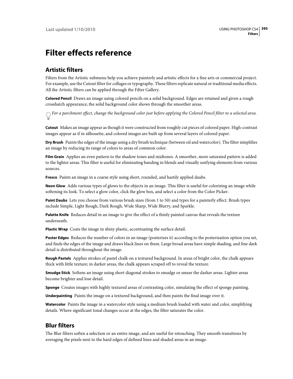 Filter effects reference, Artistic filters, Blur filters | Adobe Photoshop CS4 User Manual | Page 402 / 707