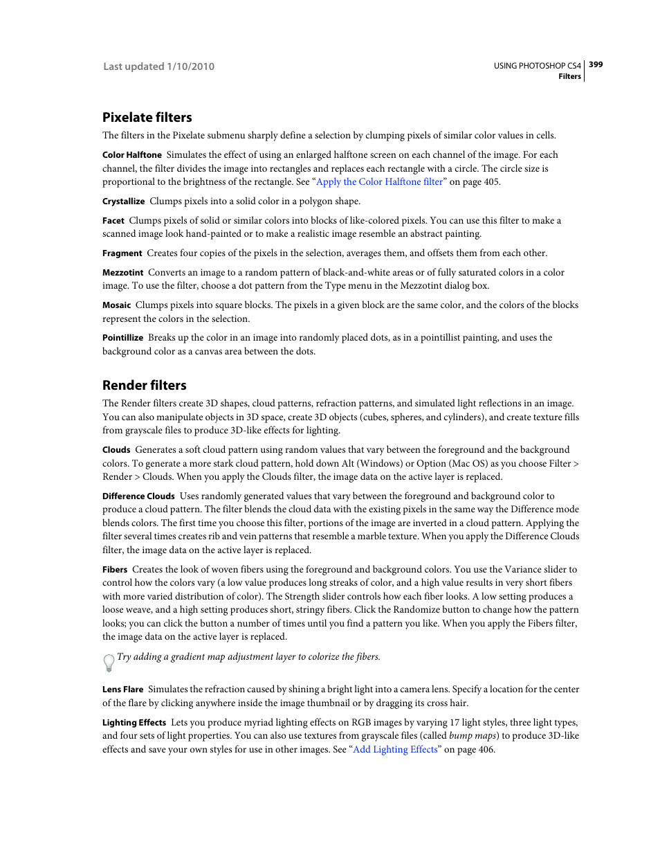 Pixelate filters, Render filters | Adobe Photoshop CS4 User Manual | Page 406 / 707