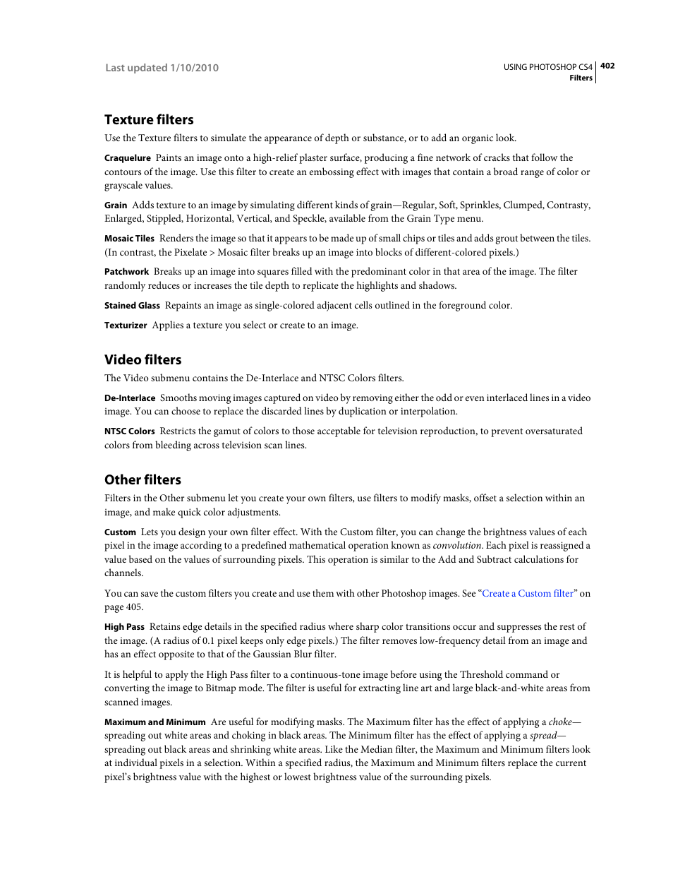 Texture filters, Video filters, Other filters | Adobe Photoshop CS4 User Manual | Page 409 / 707