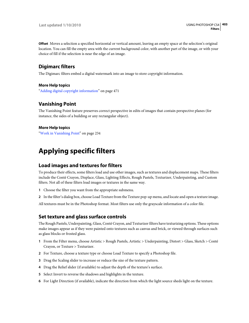 Digimarc filters, Vanishing point, Applying specific filters | Load images and textures for filters, Set texture and glass surface controls | Adobe Photoshop CS4 User Manual | Page 410 / 707