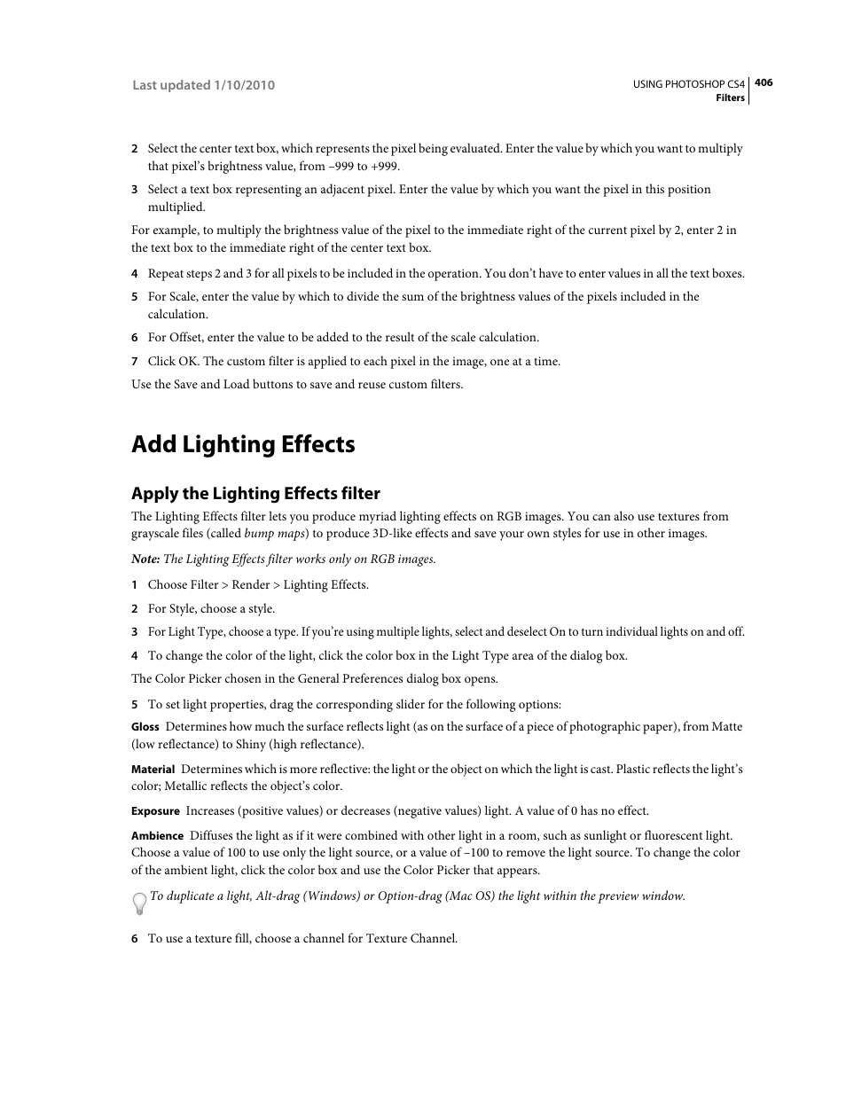 Add lighting effects, Apply the lighting effects filter | Adobe Photoshop CS4 User Manual | Page 413 / 707