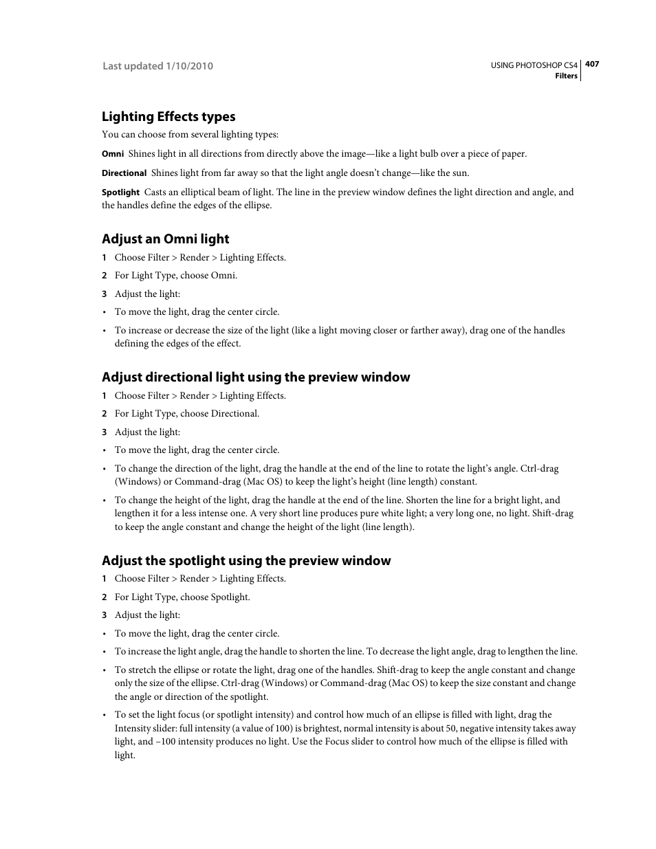 Lighting effects types, Adjust an omni light, Adjust directional light using the preview window | Adjust the spotlight using the preview window | Adobe Photoshop CS4 User Manual | Page 414 / 707