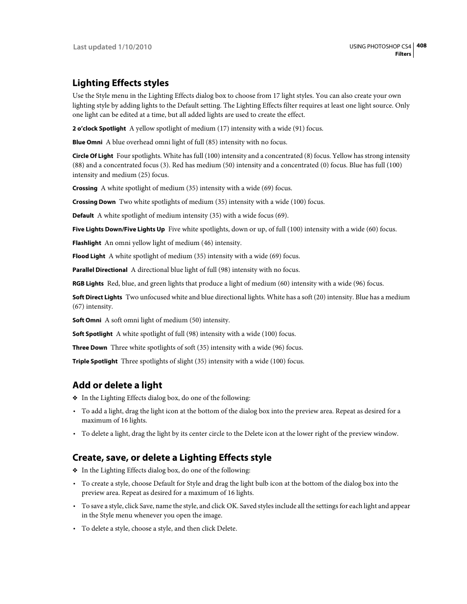 Lighting effects styles, Add or delete a light, Create, save, or delete a lighting effects style | Adobe Photoshop CS4 User Manual | Page 415 / 707