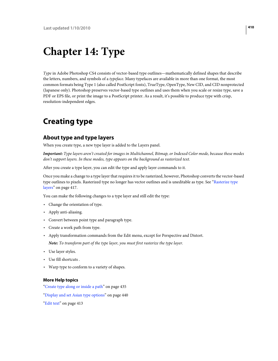 Chapter 14: type, Creating type, About type and type layers | Adobe Photoshop CS4 User Manual | Page 417 / 707