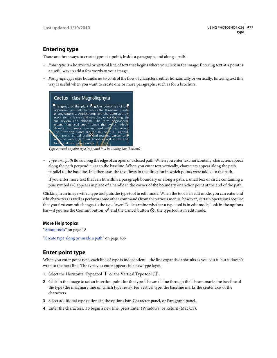 Entering type, Enter point type | Adobe Photoshop CS4 User Manual | Page 418 / 707