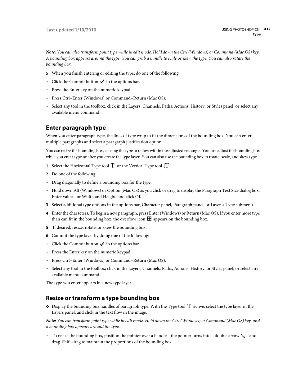 Enter paragraph type, Resize or transform a type bounding box | Adobe Photoshop CS4 User Manual | Page 419 / 707