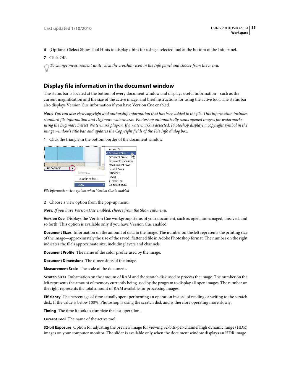 Display file information in the document window | Adobe Photoshop CS4 User Manual | Page 42 / 707