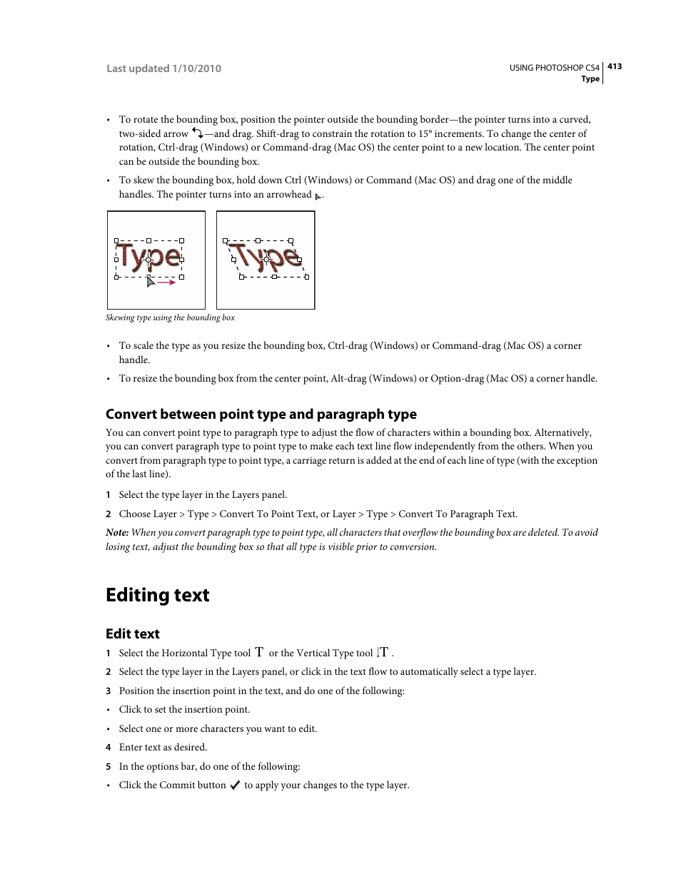 Convert between point type and paragraph type, Editing text, Edit text | Adobe Photoshop CS4 User Manual | Page 420 / 707