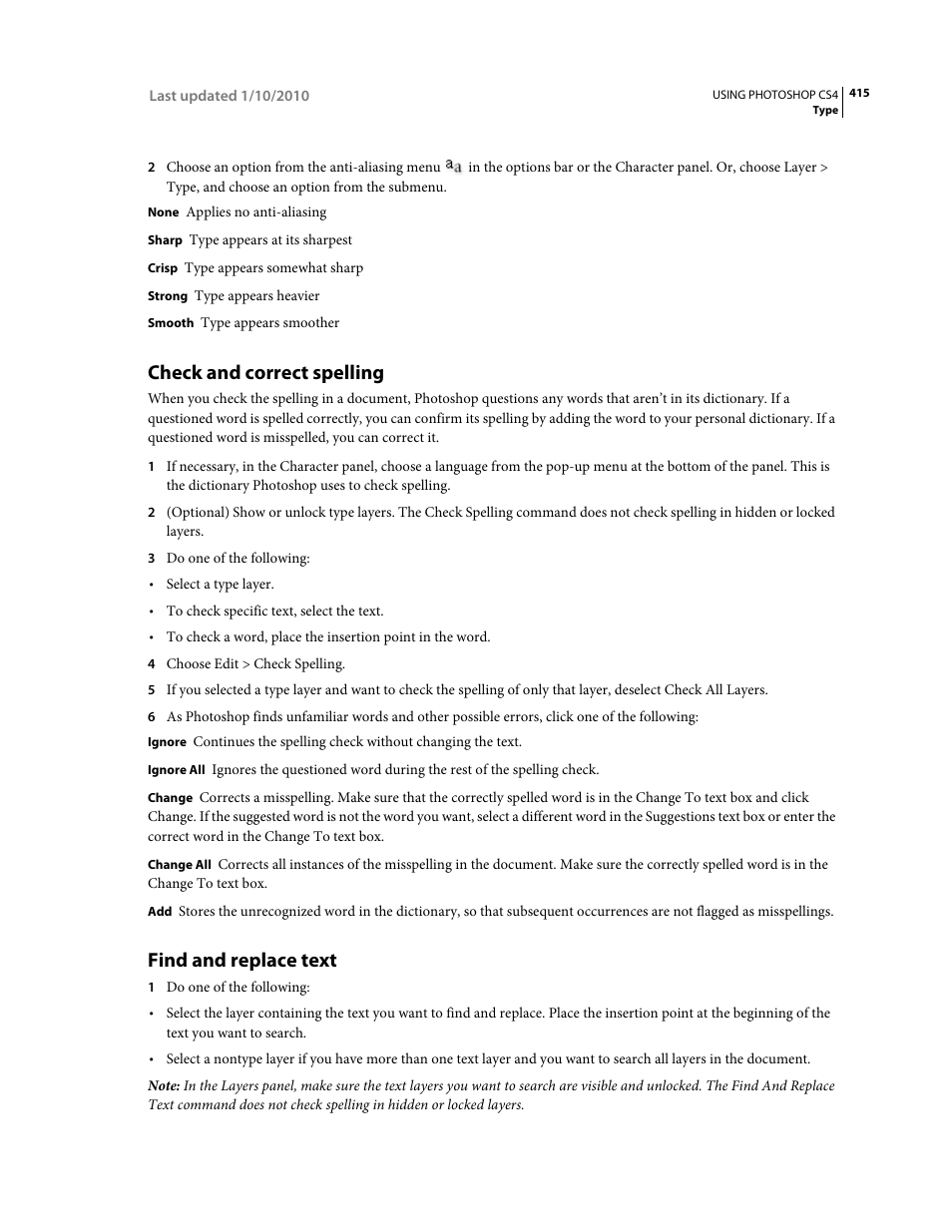 Check and correct spelling, Find and replace text | Adobe Photoshop CS4 User Manual | Page 422 / 707