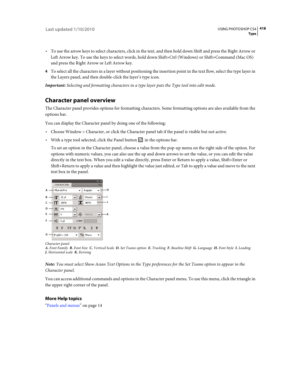 Character panel overview | Adobe Photoshop CS4 User Manual | Page 425 / 707