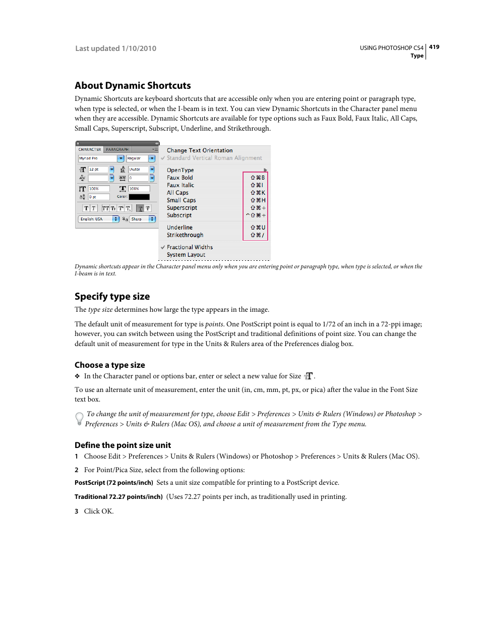 About dynamic shortcuts, Specify type size, Choose a type size | Define the point size unit | Adobe Photoshop CS4 User Manual | Page 426 / 707