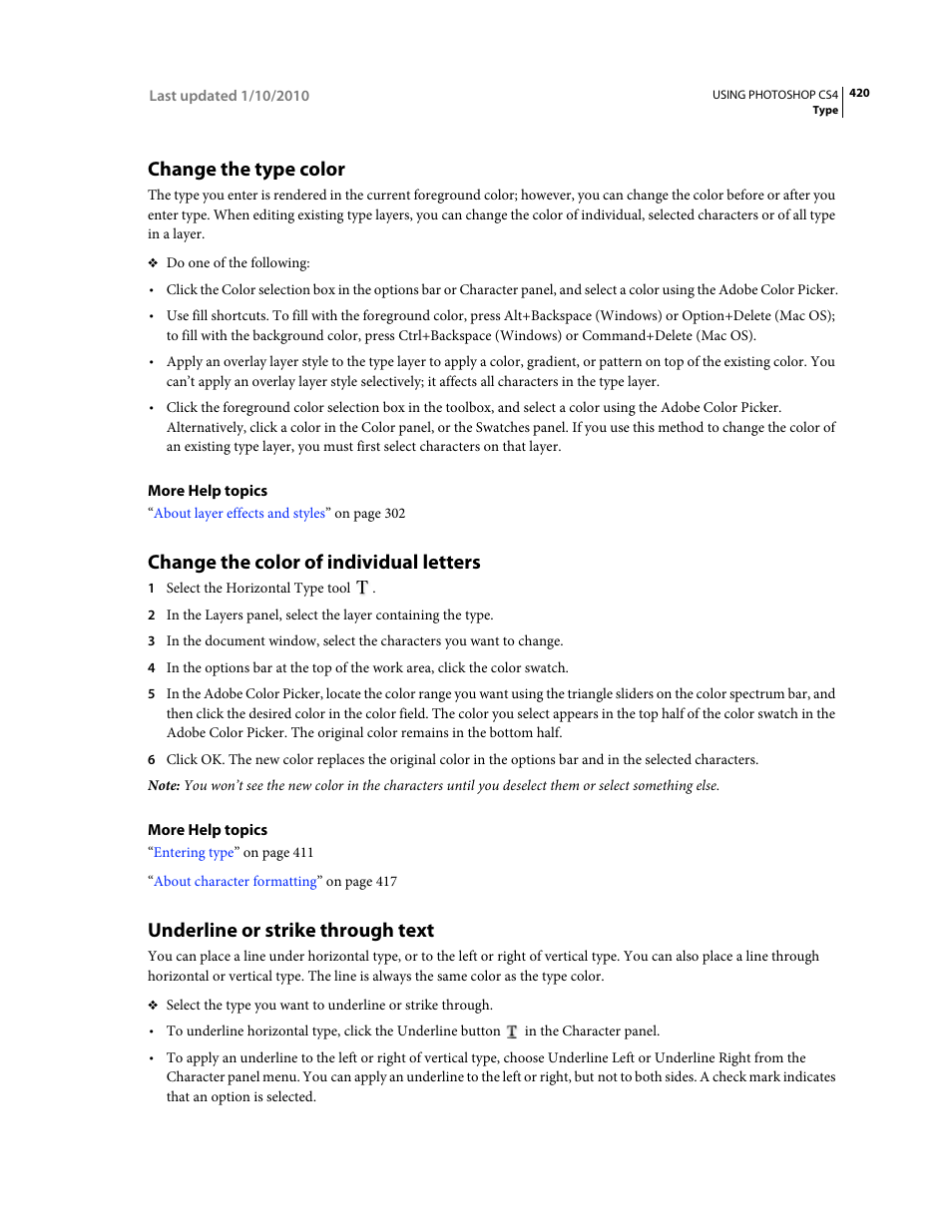 Change the type color, Change the color of individual letters, Underline or strike through text | Adobe Photoshop CS4 User Manual | Page 427 / 707