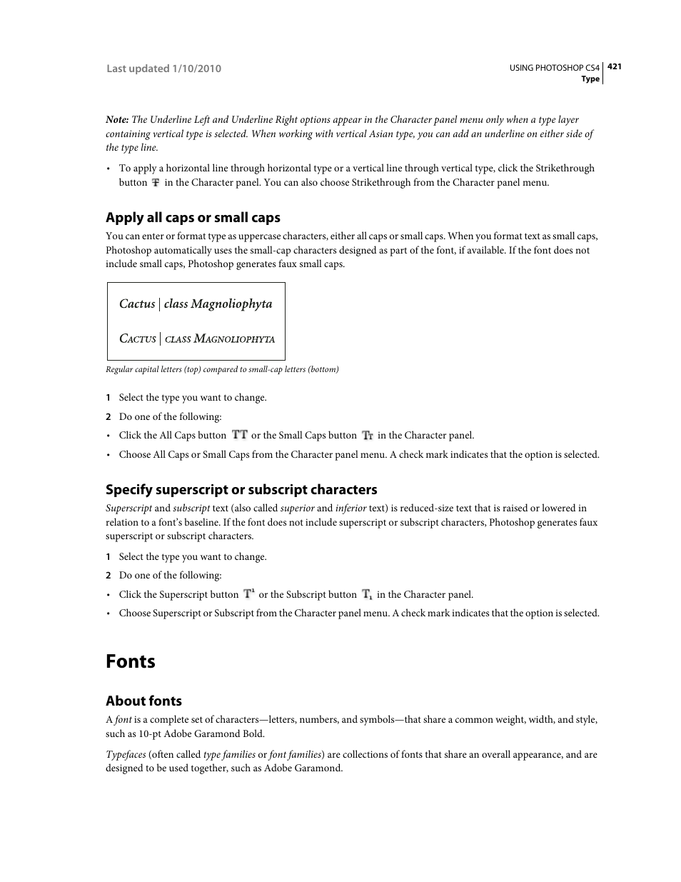 Apply all caps or small caps, Specify superscript or subscript characters, Fonts | About fonts | Adobe Photoshop CS4 User Manual | Page 428 / 707