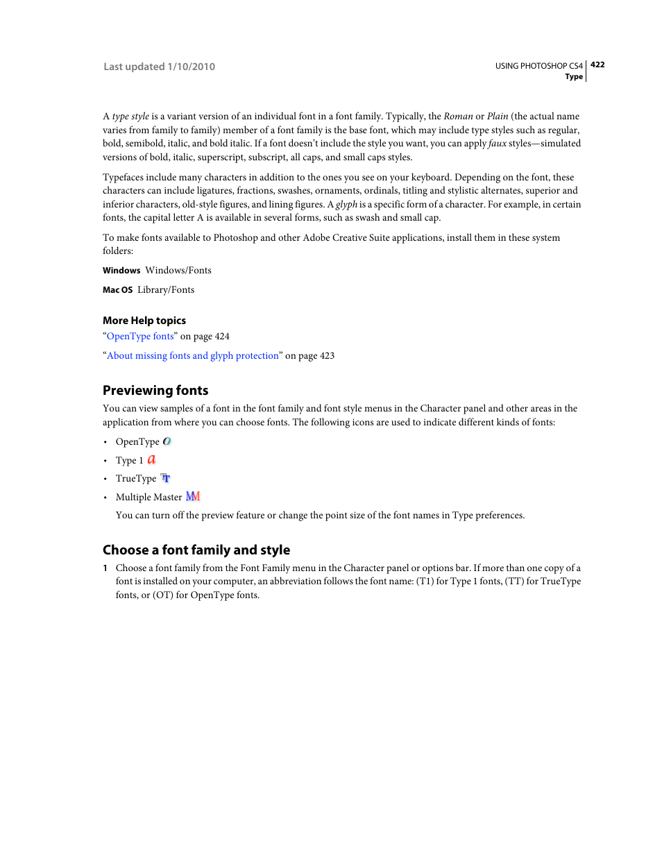 Previewing fonts, Choose a font family and style | Adobe Photoshop CS4 User Manual | Page 429 / 707