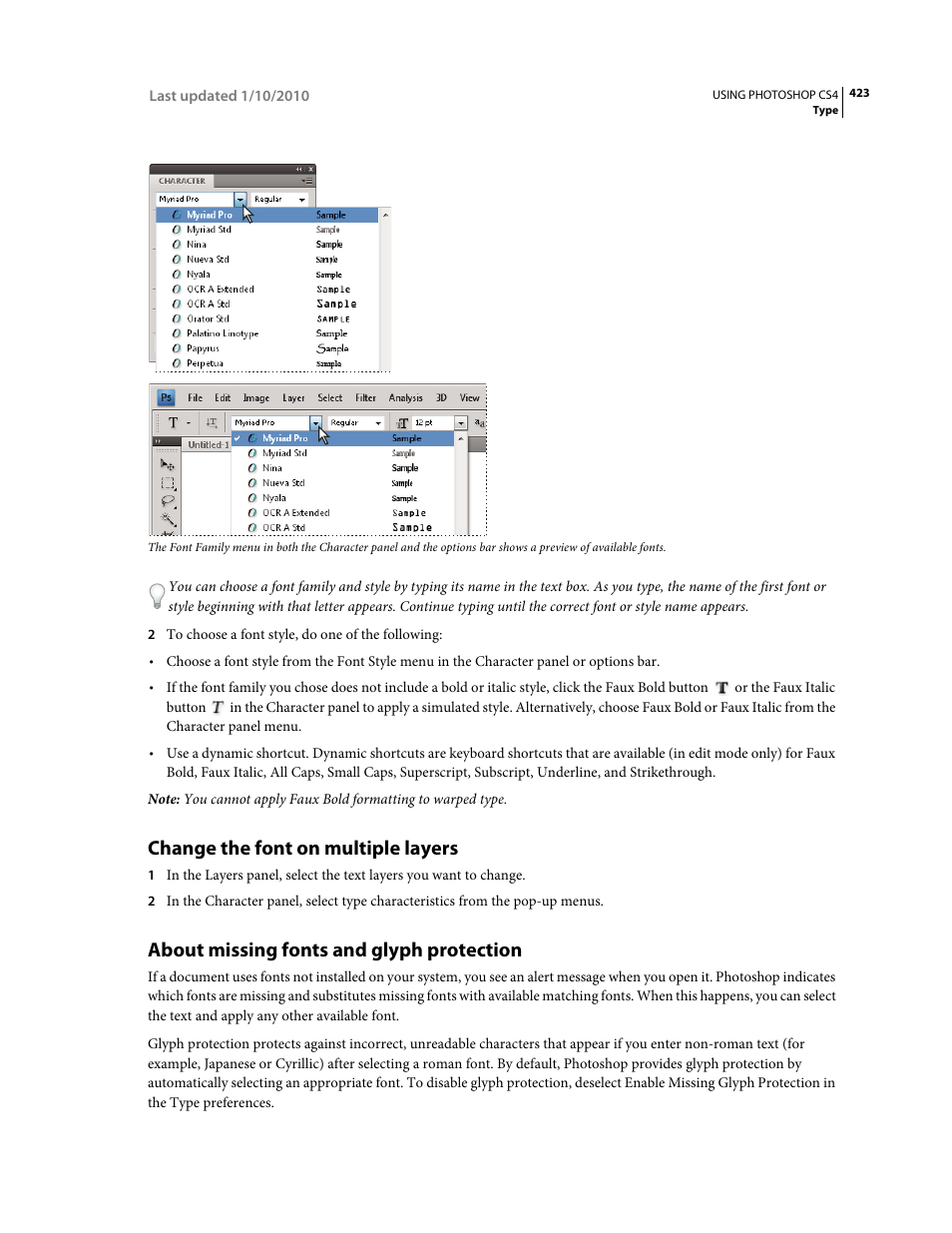 Change the font on multiple layers, About missing fonts and glyph protection | Adobe Photoshop CS4 User Manual | Page 430 / 707