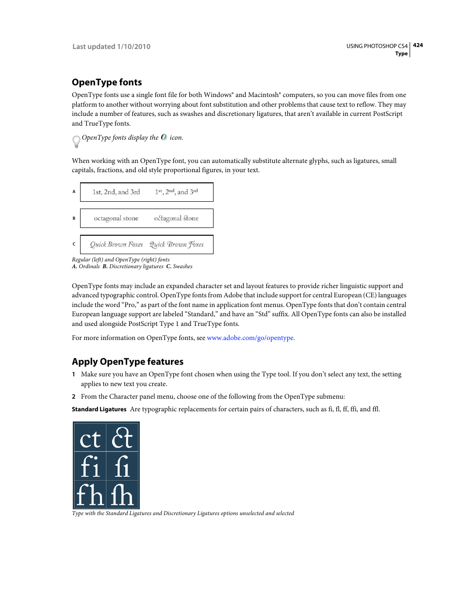 Opentype fonts, Apply opentype features | Adobe Photoshop CS4 User Manual | Page 431 / 707