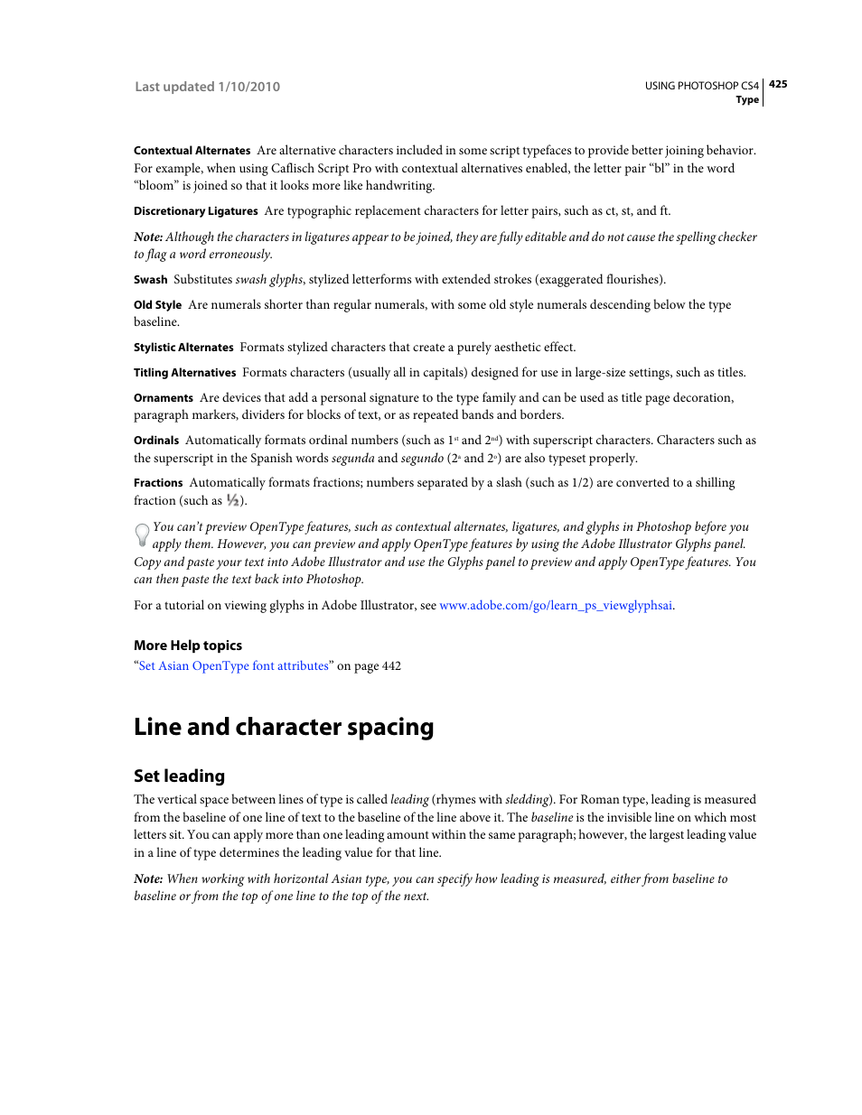 Line and character spacing, Set leading | Adobe Photoshop CS4 User Manual | Page 432 / 707