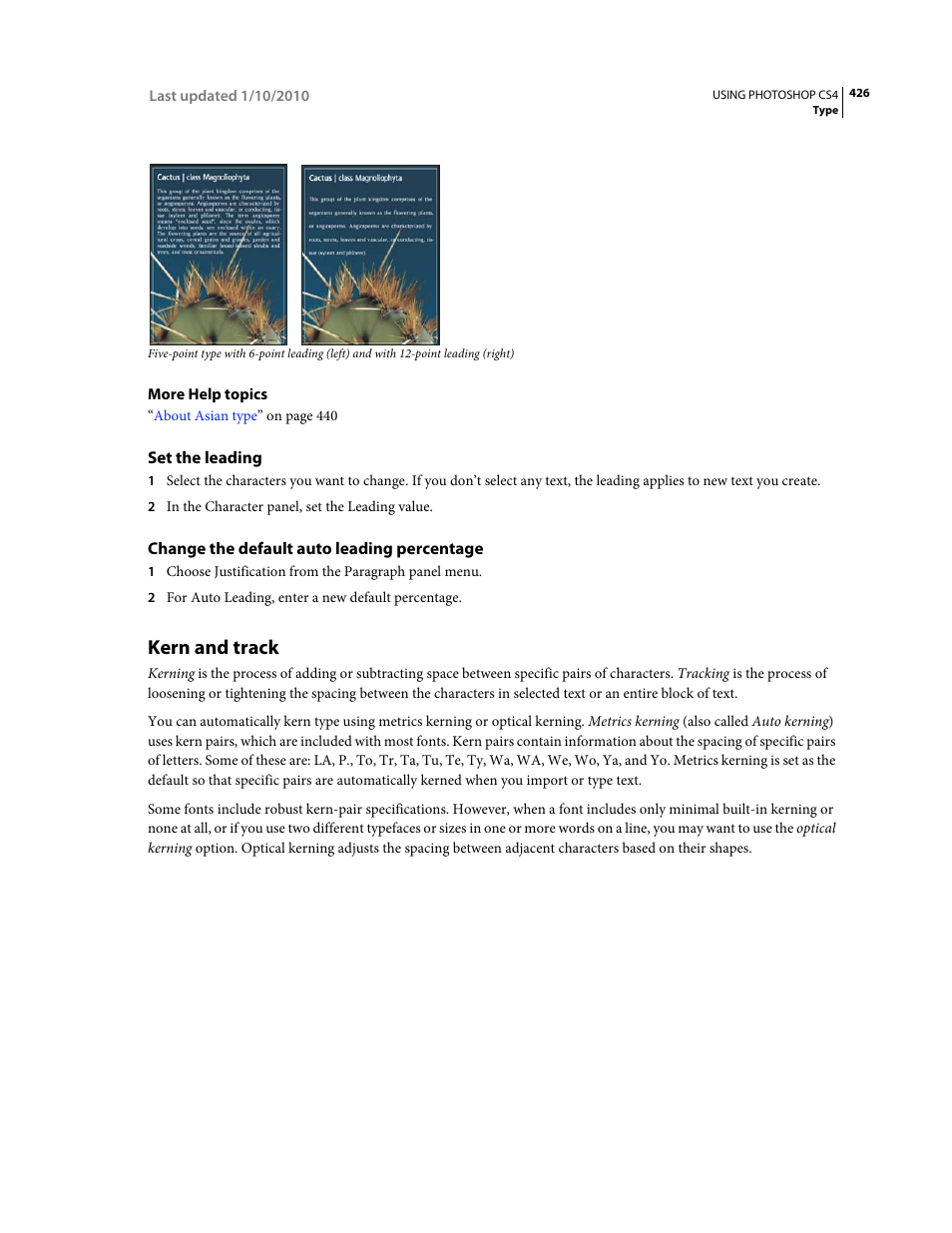 Set the leading, Change the default auto leading percentage, Kern and track | Adobe Photoshop CS4 User Manual | Page 433 / 707