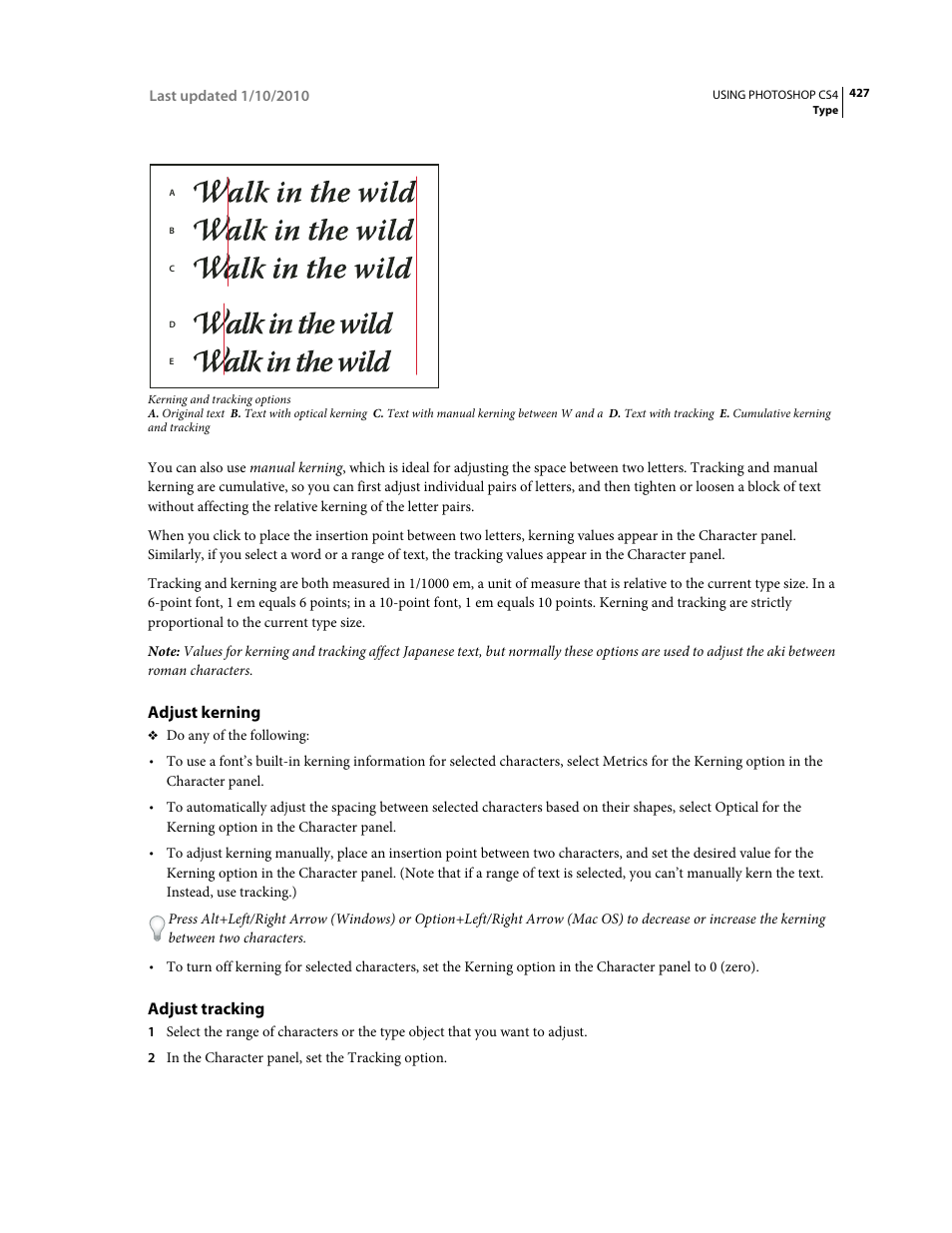 Adjust kerning, Adjust tracking | Adobe Photoshop CS4 User Manual | Page 434 / 707