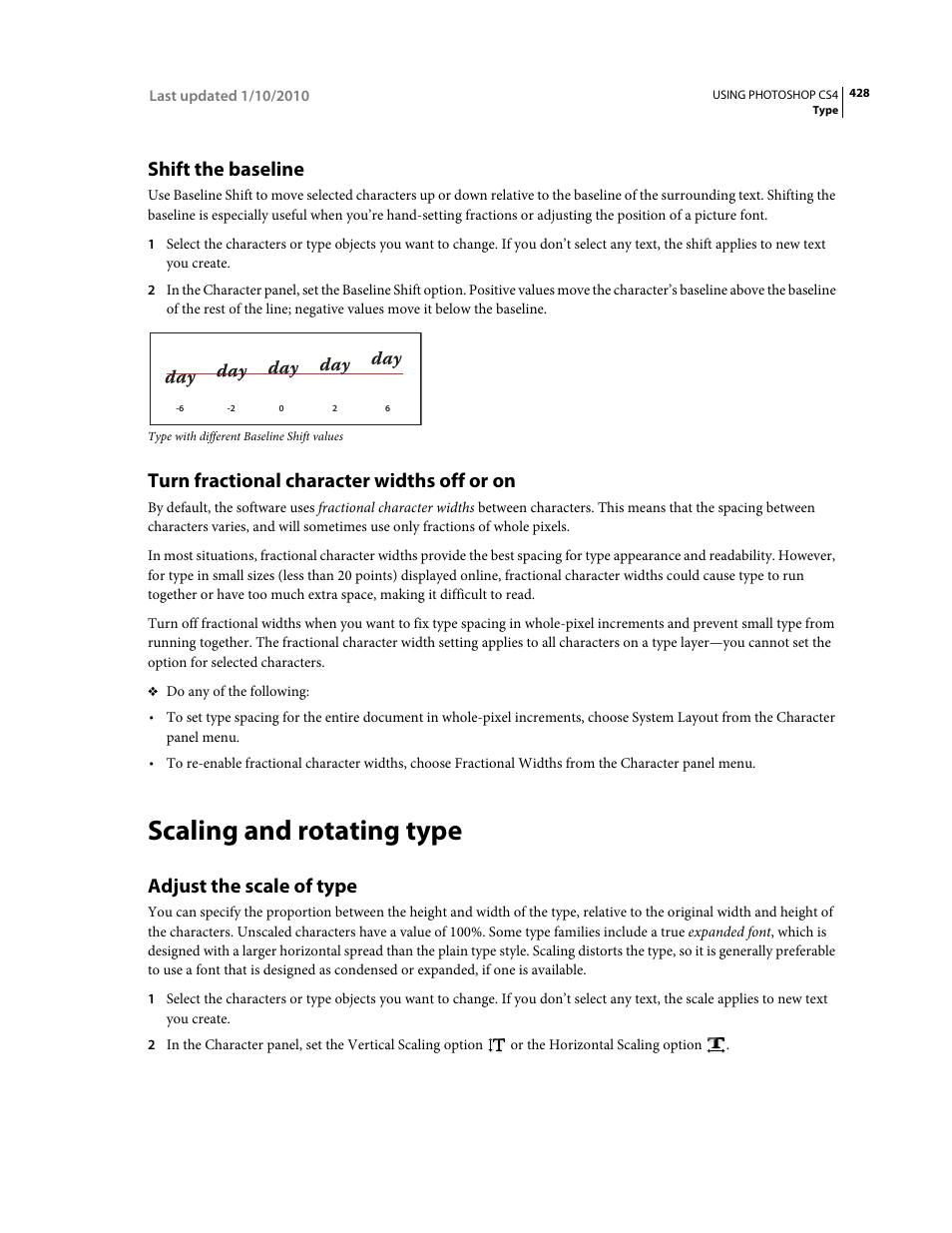 Shift the baseline, Turn fractional character widths off or on, Scaling and rotating type | Adjust the scale of type | Adobe Photoshop CS4 User Manual | Page 435 / 707