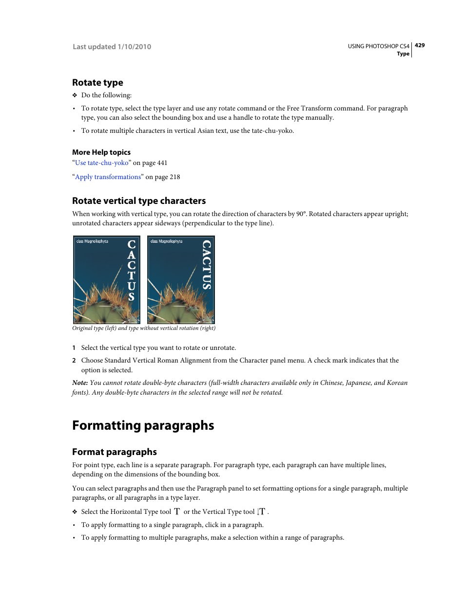 Rotate type, Rotate vertical type characters, Formatting paragraphs | Format paragraphs | Adobe Photoshop CS4 User Manual | Page 436 / 707