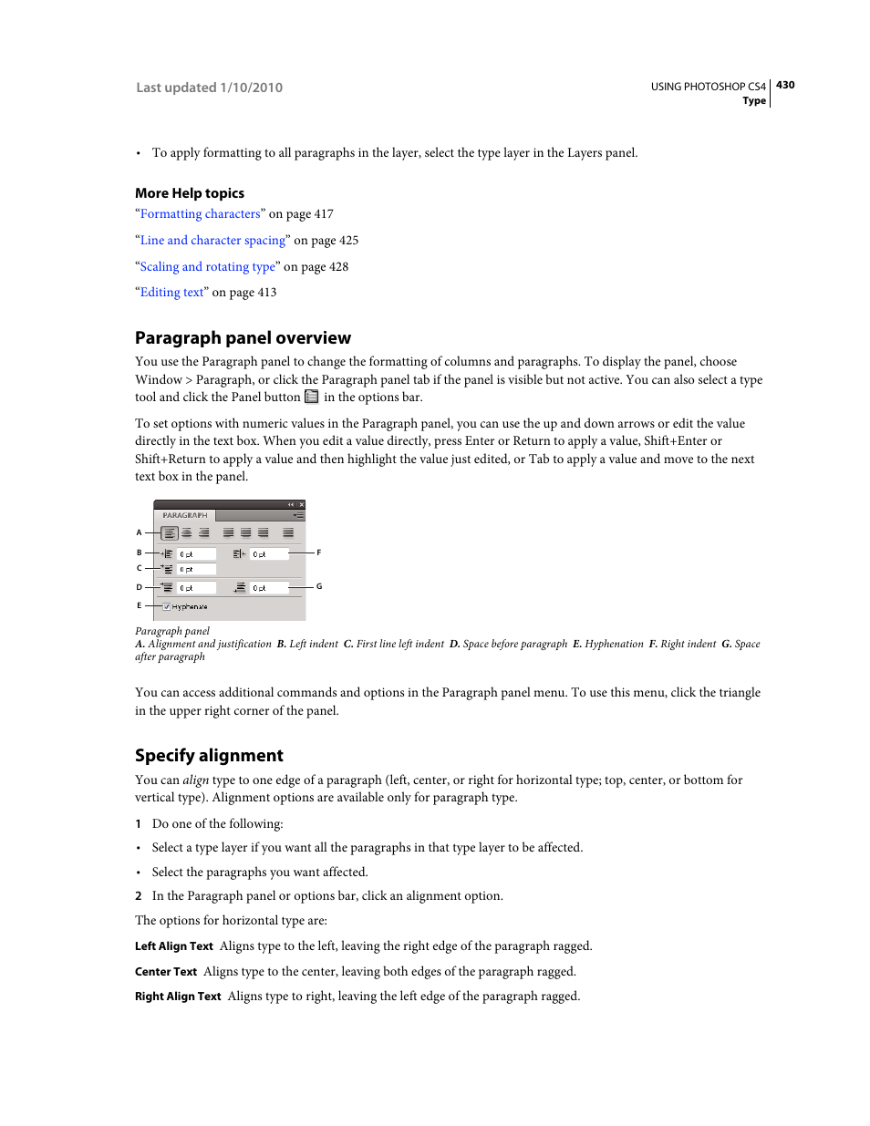 Paragraph panel overview, Specify alignment | Adobe Photoshop CS4 User Manual | Page 437 / 707