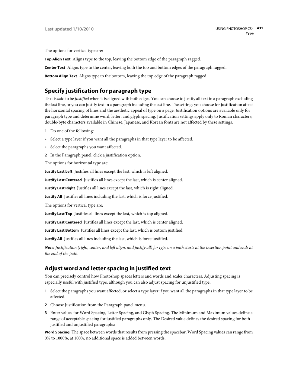 Specify justification for paragraph type, Adjust word and letter spacing in justified text | Adobe Photoshop CS4 User Manual | Page 438 / 707