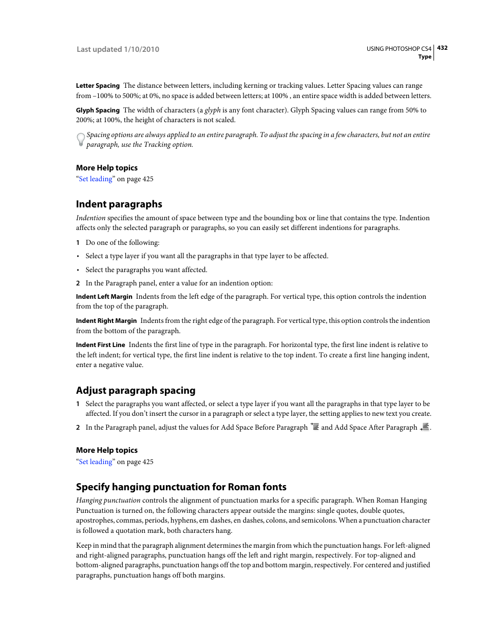 Indent paragraphs, Adjust paragraph spacing, Specify hanging punctuation for roman fonts | Adobe Photoshop CS4 User Manual | Page 439 / 707