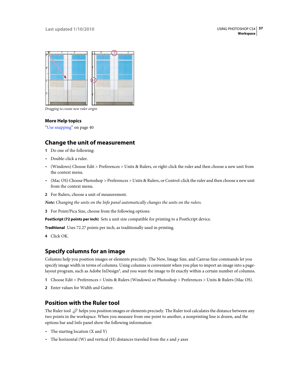 Change the unit of measurement, Specify columns for an image, Position with the ruler tool | Adobe Photoshop CS4 User Manual | Page 44 / 707