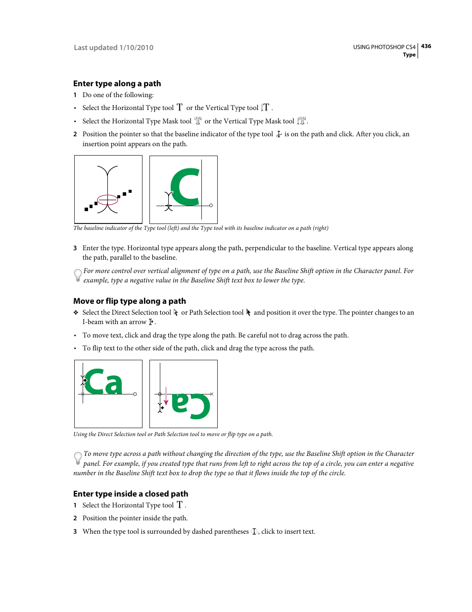 Enter type along a path, Move or flip type along a path, Enter type inside a closed path | Adobe Photoshop CS4 User Manual | Page 443 / 707