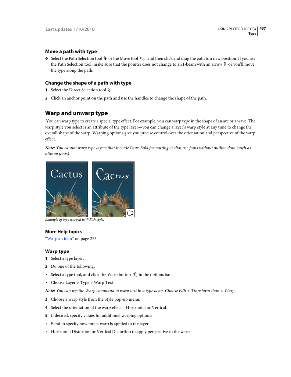 Move a path with type, Change the shape of a path with type, Warp and unwarp type | Warp type | Adobe Photoshop CS4 User Manual | Page 444 / 707